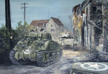 Pintura intitulada "M4 Sherman Normandy…" por Łukasz Kasperczyk, Obras de arte originais, Óleo