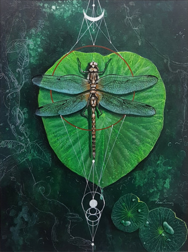 Painting titled "Firefly on a Lotus…" by Kasun Wickramasinghe, Original Artwork, Acrylic Mounted on Wood Stretcher frame