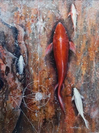 Painting titled "Carp Upstream" by Kasun Wickramasinghe, Original Artwork, Acrylic Mounted on Wood Stretcher frame