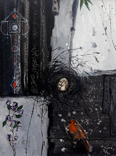 Картина под названием "Feathered Nest" - Kasun Wickramasinghe, Подлинное произведение искусства, Акрил Установлен на Деревян…