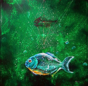 Painting titled "Fish in Binary Sphe…" by Kasun Wickramasinghe, Original Artwork, Acrylic Mounted on Wood Stretcher frame