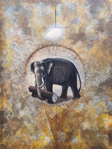 Painting titled "Elephant in Gold" by Kasun Wickramasinghe, Original Artwork, Acrylic Mounted on Wood Stretcher frame