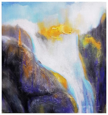 Painting titled "Roaring Waterfall" by Kasun Wickramasinghe, Original Artwork, Acrylic Mounted on Wood Stretcher frame