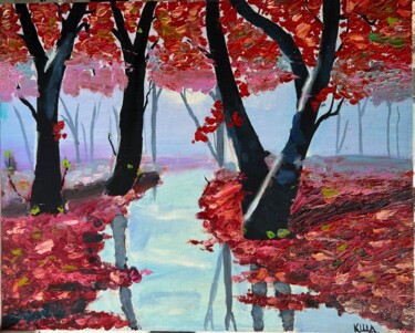 Painting titled "Red Autumn" by Kat Shevchenko, Original Artwork, Oil