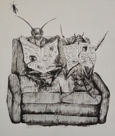 Drawing titled "cockroach day off" by Katia Saveleva, Original Artwork, Ink