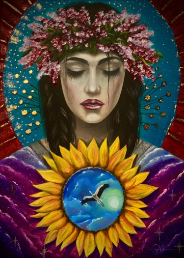 Schilderij getiteld "Mother of Ukraine" door Katalina Tattoo, Origineel Kunstwerk, Olie