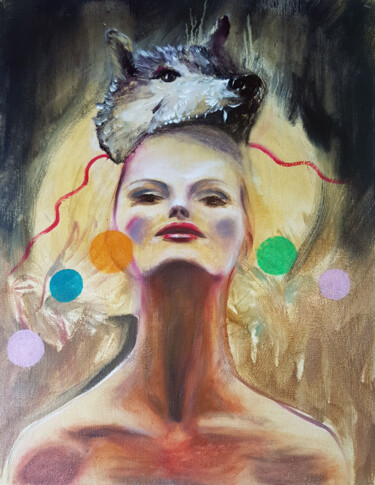 Painting titled "Woman with Wolf Mask" by Katarzyna M. Rymarz, Original Artwork, Oil