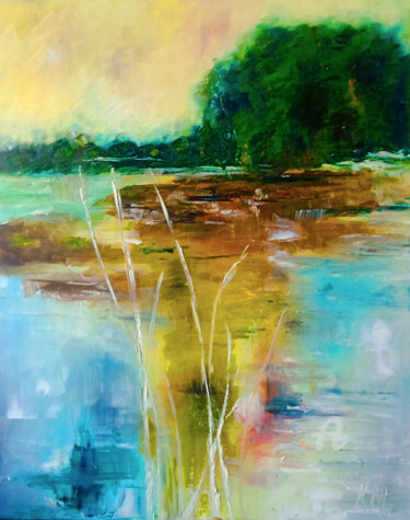 Painting titled "By the river" by Katarzyna Machejek, Original Artwork, Oil Mounted on Other rigid panel