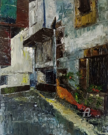 Painting titled "Townhouses I" by Katarzyna Machejek, Original Artwork, Oil Mounted on Other rigid panel