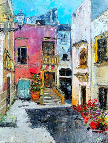 Painting titled "Townhouses II" by Katarzyna Machejek, Original Artwork, Oil Mounted on Other rigid panel