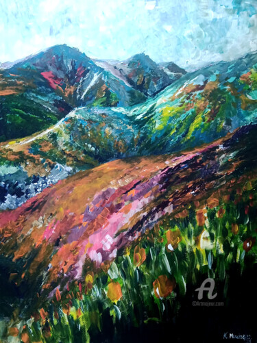 Painting titled "Colorful mountains" by Katarzyna Machejek, Original Artwork, Acrylic Mounted on Other rigid panel