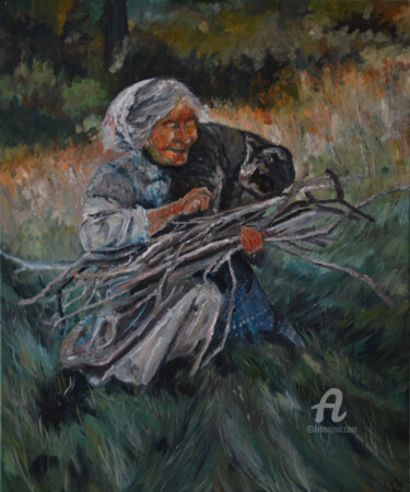 Painting titled "Lady in the grass" by Katarzyna Machejek, Original Artwork, Oil Mounted on Other rigid panel