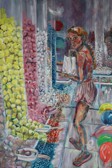 Painting titled "Girl in a candy shop" by Katarzyna Machejek, Original Artwork, Oil Mounted on Other rigid panel