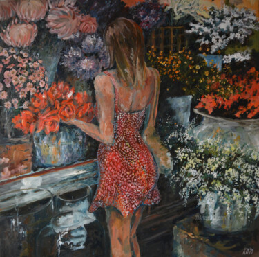Painting titled "In the Florist" by Katarzyna Machejek, Original Artwork, Oil Mounted on Other rigid panel