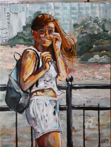 Painting titled "Girl with a blue ba…" by Katarzyna Machejek, Original Artwork, Oil Mounted on Wood Stretcher frame