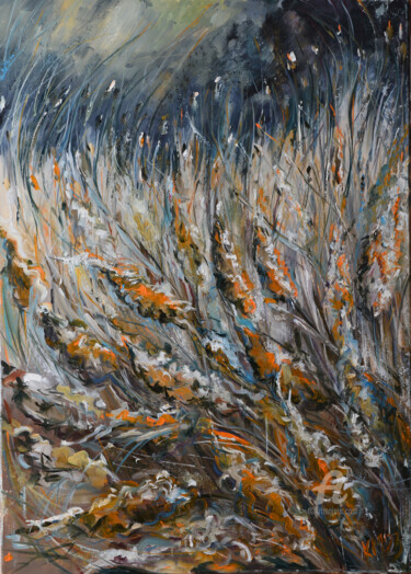 Painting titled "Evening Meadow" by Katarzyna Machejek, Original Artwork, Oil Mounted on Wood Stretcher frame