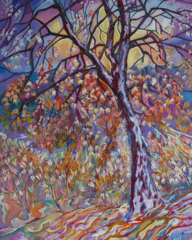 Painting titled "Mosaic Tree" by Katarzyna Machejek, Original Artwork, Oil Mounted on Wood Stretcher frame