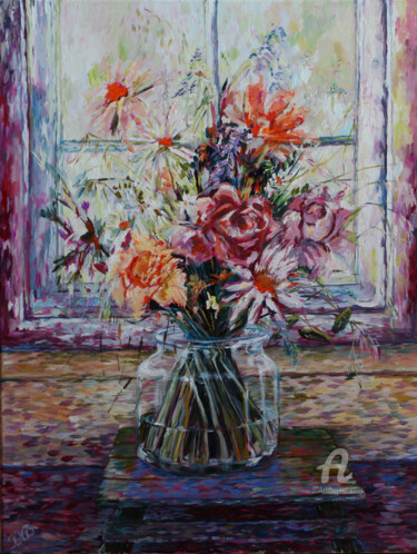 Картина под названием "FlowerStory" - Katarzyna Machejek, Подлинное произведение искусства, Масло Установлен на Деревянная р…