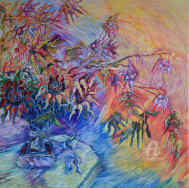 Schilderij getiteld "Colorful flowers" door Katarzyna Machejek, Origineel Kunstwerk, Olie Gemonteerd op Frame voor houten br…