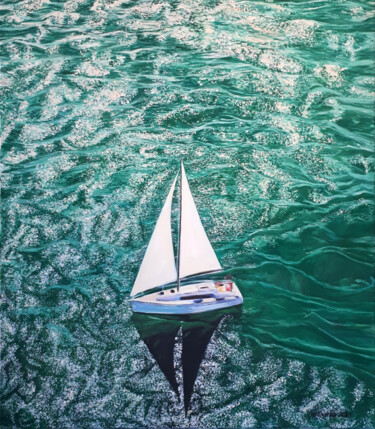 Malarstwo zatytułowany „Jacht na Lazurowym…” autorstwa Katarzyna Sikorsky, Oryginalna praca, Olej