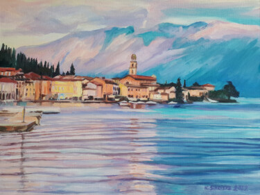 Malarstwo zatytułowany „Salò, Jezioro Garda” autorstwa Katarzyna Sikorsky, Oryginalna praca, Olej Zamontowany na Drewniana r…