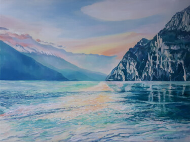 Malarstwo zatytułowany „Jezioro Garda” autorstwa Katarzyna Sikorsky, Oryginalna praca, Olej Zamontowany na Drewniana rama no…