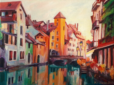 Painting titled "Annecy" by Katarzyna Sikorsky, Original Artwork, Oil Mounted on Wood Stretcher frame