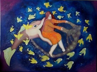 Painting titled "Cosmic fish and big…" by Picture Kate, Original Artwork