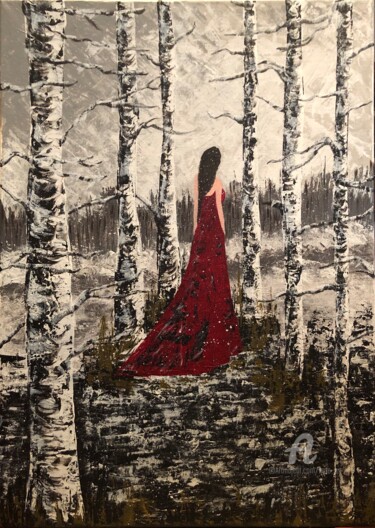 Painting titled "Dame rouge en forêt…" by Kate_art, Original Artwork, Acrylic