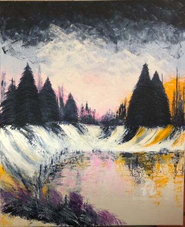 Painting titled "Lac dans le fond de…" by Kate_art, Original Artwork, Acrylic Mounted on Wood Stretcher frame