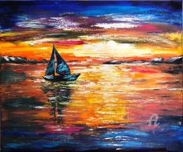 Картина под названием "Sunset sail" - Kate_art, Подлинное произведение искусства, Акрил