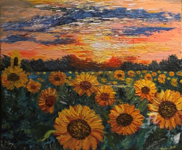 Painting titled "Sunflower Fields" by Kate_art, Original Artwork, Acrylic Mounted on Wood Stretcher frame