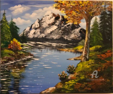 Schilderij getiteld "Autumn lake landsca…" door Kate_art, Origineel Kunstwerk, Acryl