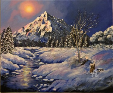 Painting titled "A snowy ewening" by Kate_art, Original Artwork, Acrylic