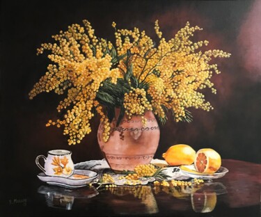 Painting titled "Mimosa e limoni" by Kate Makaro, Original Artwork, Acrylic Mounted on Wood Stretcher frame