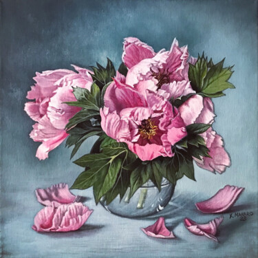Painting titled "Peonie rosa nel tur…" by Kate Makaro, Original Artwork, Acrylic Mounted on Wood Stretcher frame
