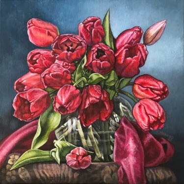 Картина под названием "Tulipani rossi e sc…" - Kate Makaro, Подлинное произведение искусства, Акрил Установлен на Деревянная…