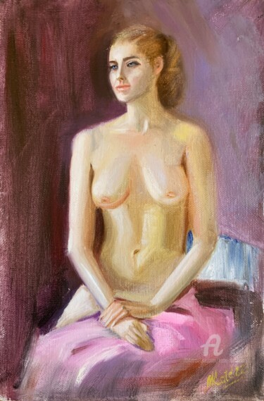 Painting titled "NUDE LADY - ORIGINA…" by Kate Matveeva, Original Artwork, Oil Mounted on Other rigid panel
