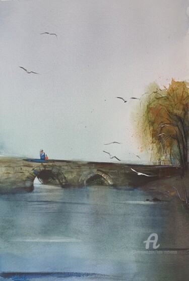 Pintura intitulada "ON THE BRIDGE- ORIG…" por Kate Matveeva, Obras de arte originais, Aquarela