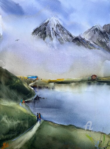 Pintura intitulada "SWISS ALPES - water…" por Kate Matveeva, Obras de arte originais, Aquarela