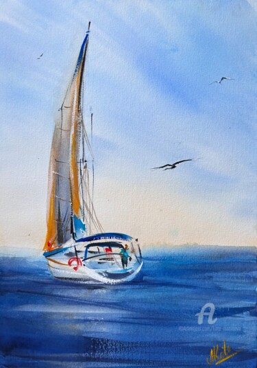 Painting titled "YACHT IN THE SEA- w…" by Kate Matveeva, Original Artwork, Watercolor
