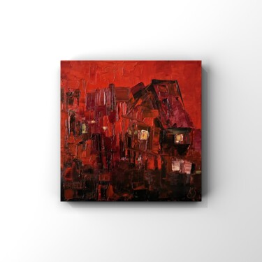 Painting titled "Red landscape" by Kate Stet, Original Artwork, Oil Mounted on Wood Stretcher frame
