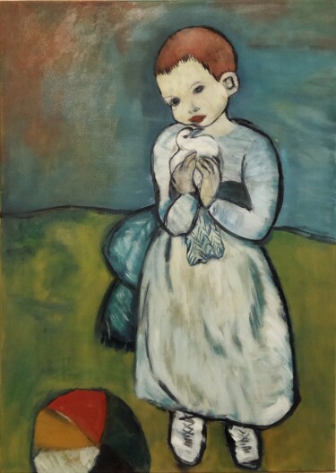 Painting titled "Child with bird" by Kateart, Original Artwork, Oil Mounted on Wood Stretcher frame