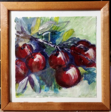 Картина под названием "Cherry branch oil p…" - Kateart, Подлинное произведение искусства, Масло Установлен на Деревянная рам…