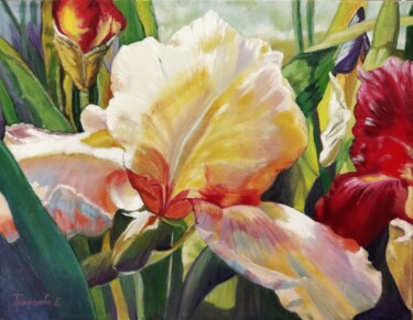 Schilderij getiteld "Irises more.." door Kateart, Origineel Kunstwerk, Olie Gemonteerd op Frame voor houten brancard
