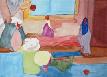 Painting titled "Home" by Katerina Athanasiou, Original Artwork, Watercolor Mounted on Wood Stretcher frame