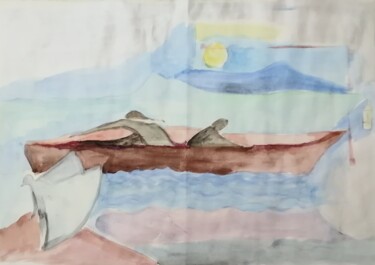 Peinture intitulée "The boat" par Katerina Athanasiou, Œuvre d'art originale, Aquarelle Monté sur Châssis en bois