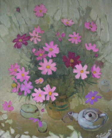 Картина под названием ""Чаепитие с цветами"" - Катерина Бабич, Подлинное произведение искусства, Масло Установлен на Деревян…