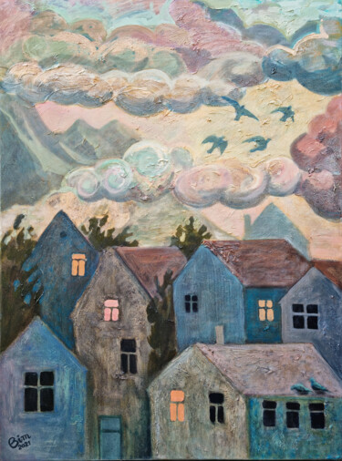 Peinture intitulée "Evening in the city…" par Katerina Bim, Œuvre d'art originale, Huile