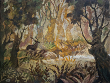 Painting titled "The autumn deer" by Katerina Bim, Original Artwork, Oil Mounted on Wood Stretcher frame